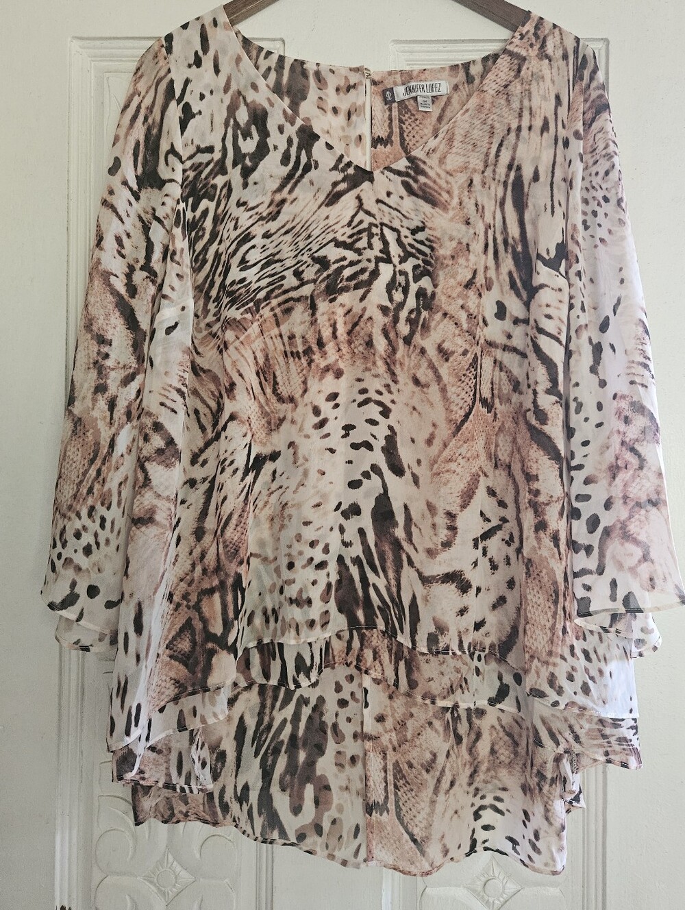 Jennifer Lopez Animal-Print Layered V-Neck Tunic in Beige and Black 0X